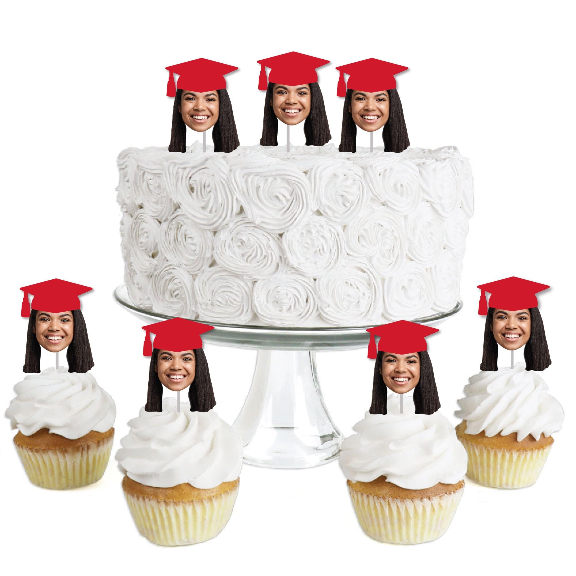 Big Dot of Happiness Red Grad Cap Fun Face Treat Picks, Personalized Graduation Party Dessert Cupcake Toppers, Custom Photo Head Cut Out, Set of 24