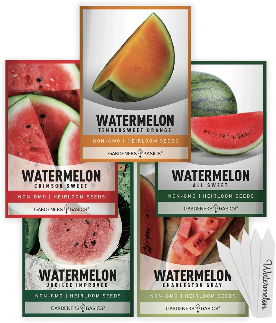 Watermelon Fruit Seeds for Planting Home Garden 5 Variety Packets - Crimson Sweet, Jubilee Improved, Tendersweet Orange, Charleston Grey, and All Sweet Watermelon Seed Packs