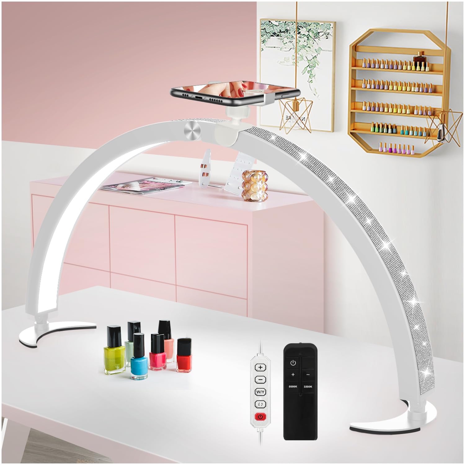 yAyusi Media Luna Lámpara para Uñas con Soporte, 74CM 40W Luz Técnica para Uñas, Lámpara de Mesa para Uñas con Controlador de Cable y Control Remoto, 7 Modos 10 Brillos para Belleza/Pestañas (Blanco)