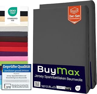 Buymax Spannbettlaken 80x200 cm Doppelpack – 2er Set aus 100% Baumwolle Jersey, 140 g/m², Rundumgummi, für Matratzen bis 25 cm, Oeko-TEX, Anthrazit