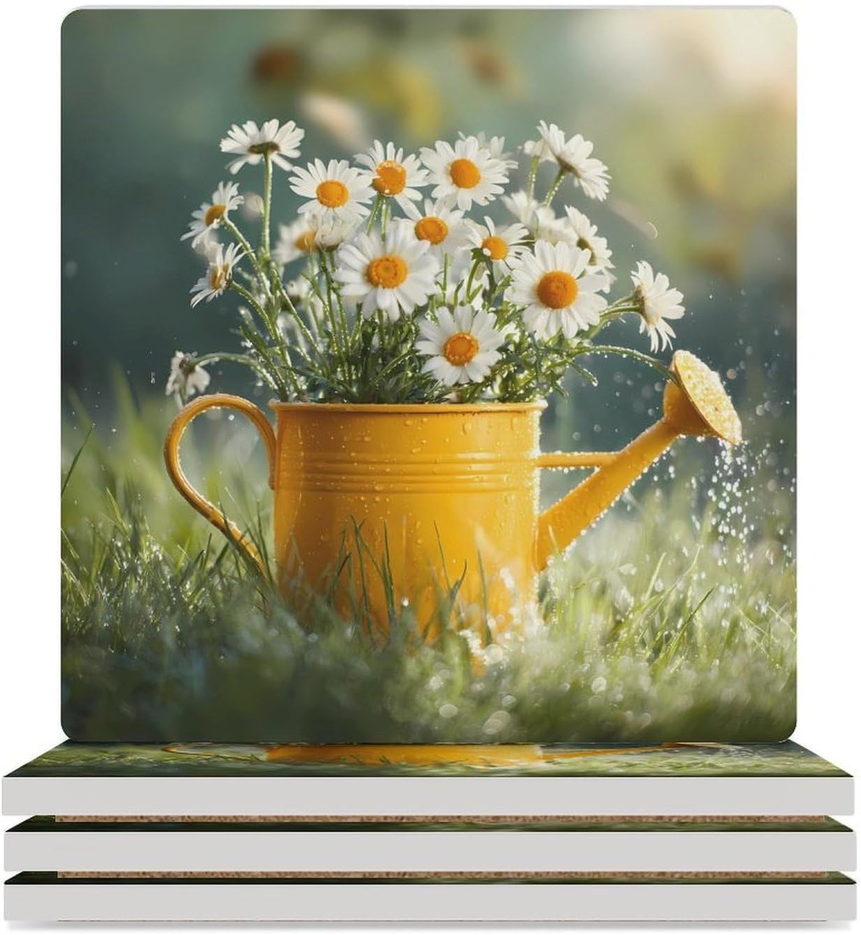 Daisies Watering Can Grass Coaster for Drinks Square Ceramic Table Coasters Stone Mat Crafts 4PCS Home Kitchen Decor