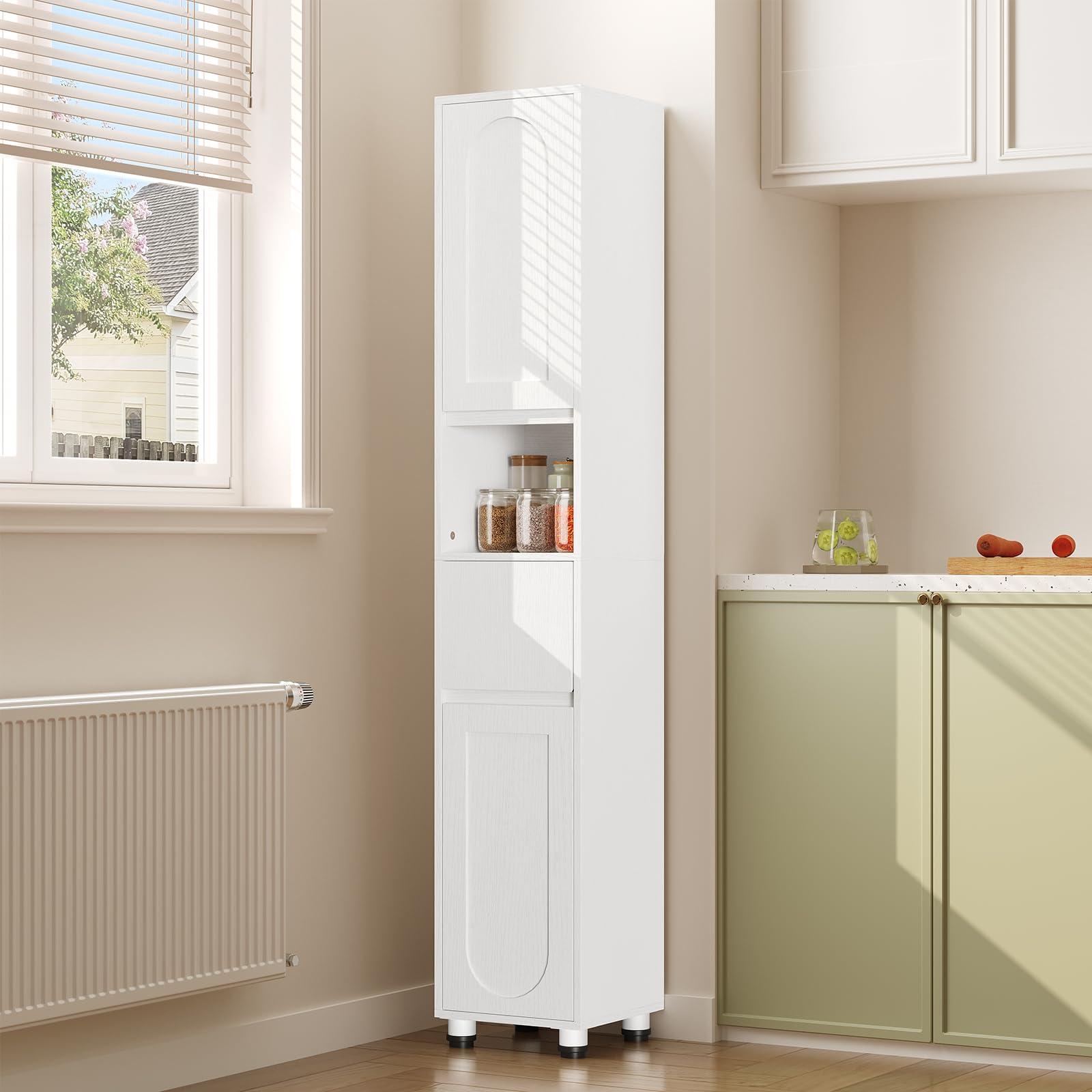 HOOBRO Armario de Baño de 30 x 30 x 170 cm, Puertas y Estantes Interiores Ajustables, 1 Compartimento Abierto y 1 Cajón, para Espacios Reducidos, Baño, Pasillo y Cocina, Acabado en Blanco EWW22BC01