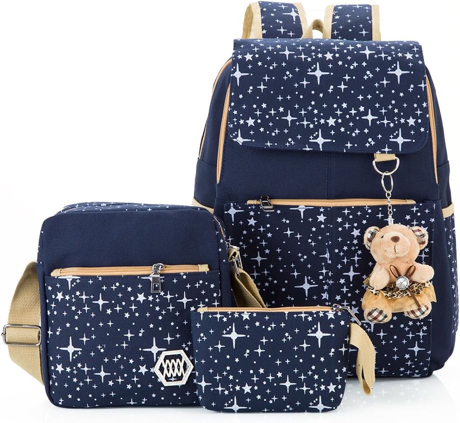 Hotrose 3X Girl School Bags Travel Canvas Rucksack Backpack School Shoulder Bag Cross Body Messenger Bag (Dark Blue Bear)
