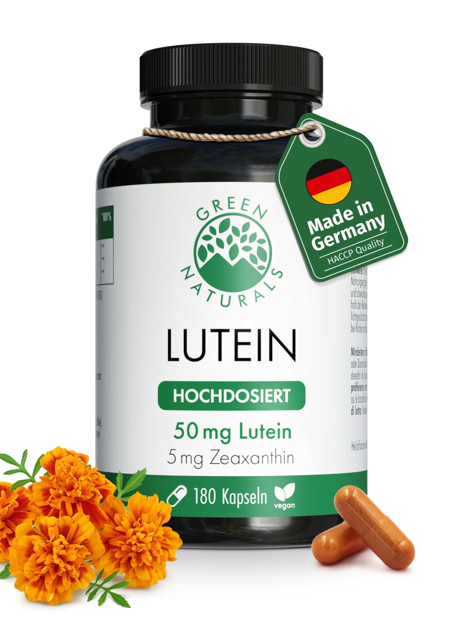 Green Naturals Lutein – Hochdosiert: 50 mg Lutein – 180 Kapseln | 5 mg Zeaxanthin · Aus Tagetes-erecta-Extrakt · 6-Monatsvorrat