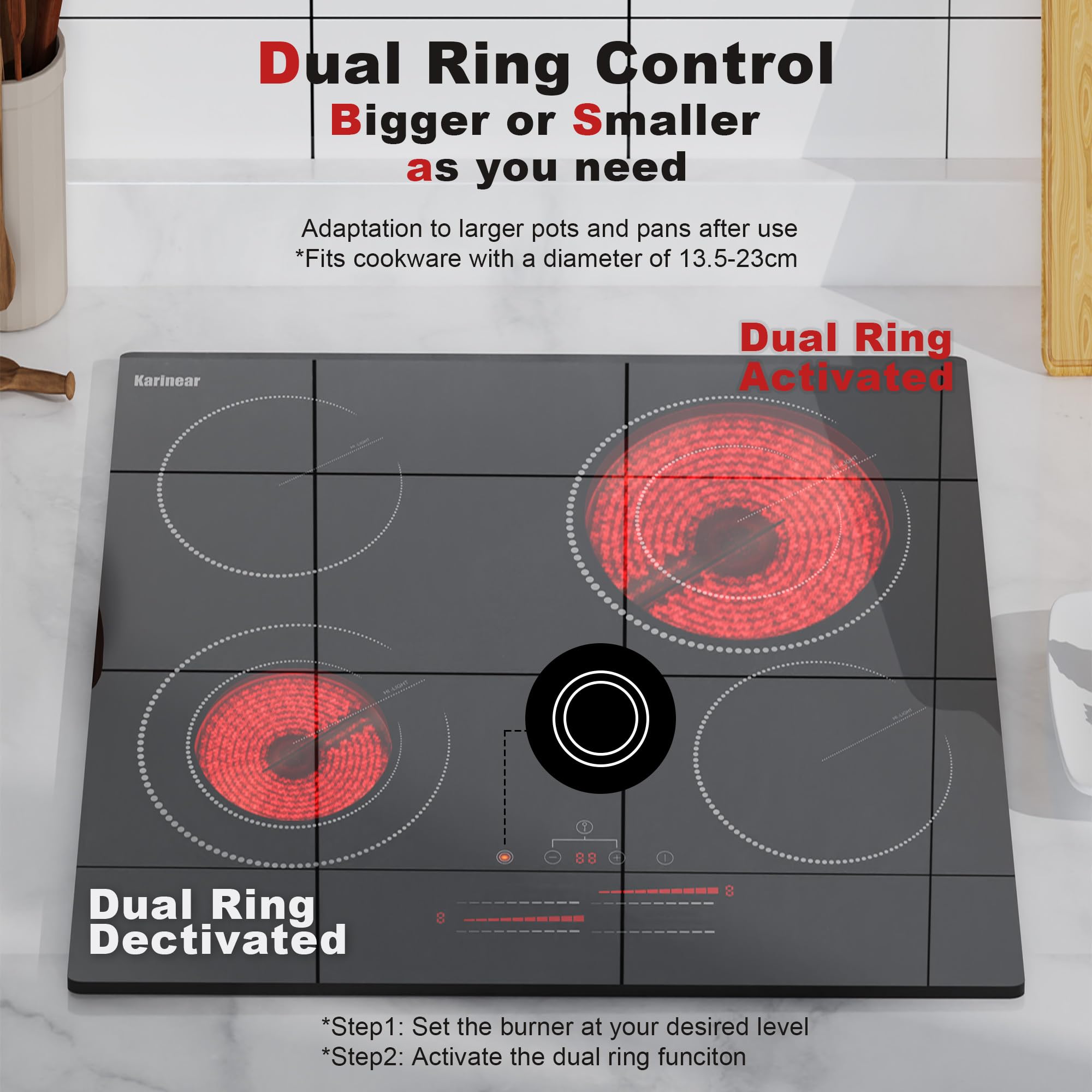 Karinear Piano Cottura Induzione 4 Fuochi, 60cm Piastra Induzione Elettrico 6600W, Piani Cottura con 9 Power Comandi Toccare e Scorrimento, Blocco di Sicurezza per Bambini, Timer Lock, Vetro, Nero