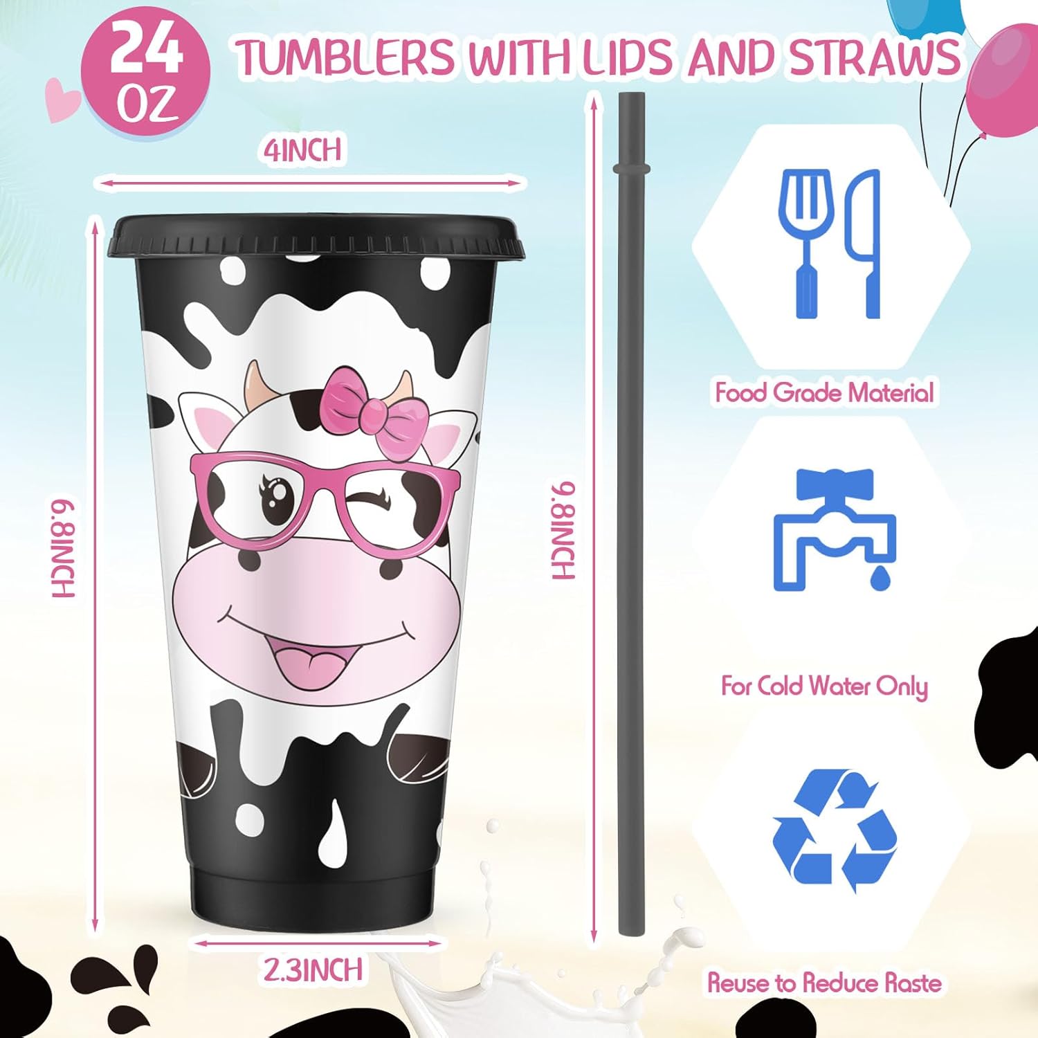 Sweetude 24 Pcs Cow Print Plastic Cups with Lid and Straw 24 oz Reusable Cow Print Cups Party Favor Gifts for Women Farm Animal Decorations - Image 2