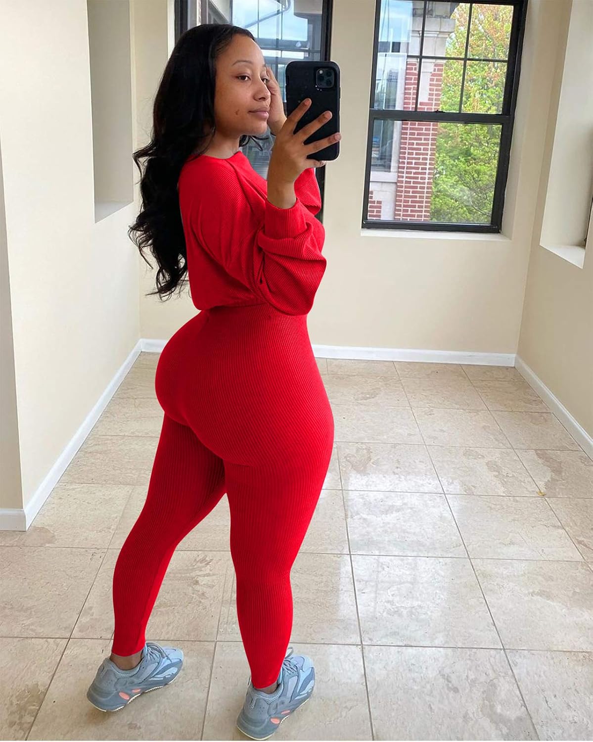 Womens 2 Piece Outfit Ribbed Long Sleeve Pullover Crop Tops Bodycon Long Pants Set Fall Sweatsuits Tracksuit Loungewear Sets