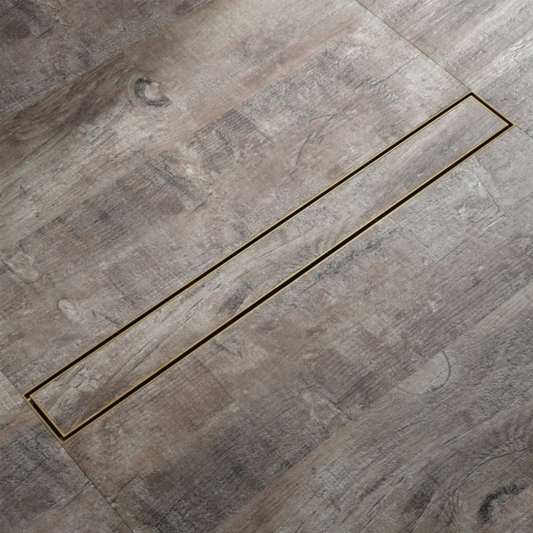 Liniowy odpływ prysznicowy 61 cm (24 cale), stal nierdzewna 304, prostokątny odpływ podłogowy, szczotkowane wykończenie, ze szczotkowanym złotem, z kratką do wkładania płytek i wyjmowaną.