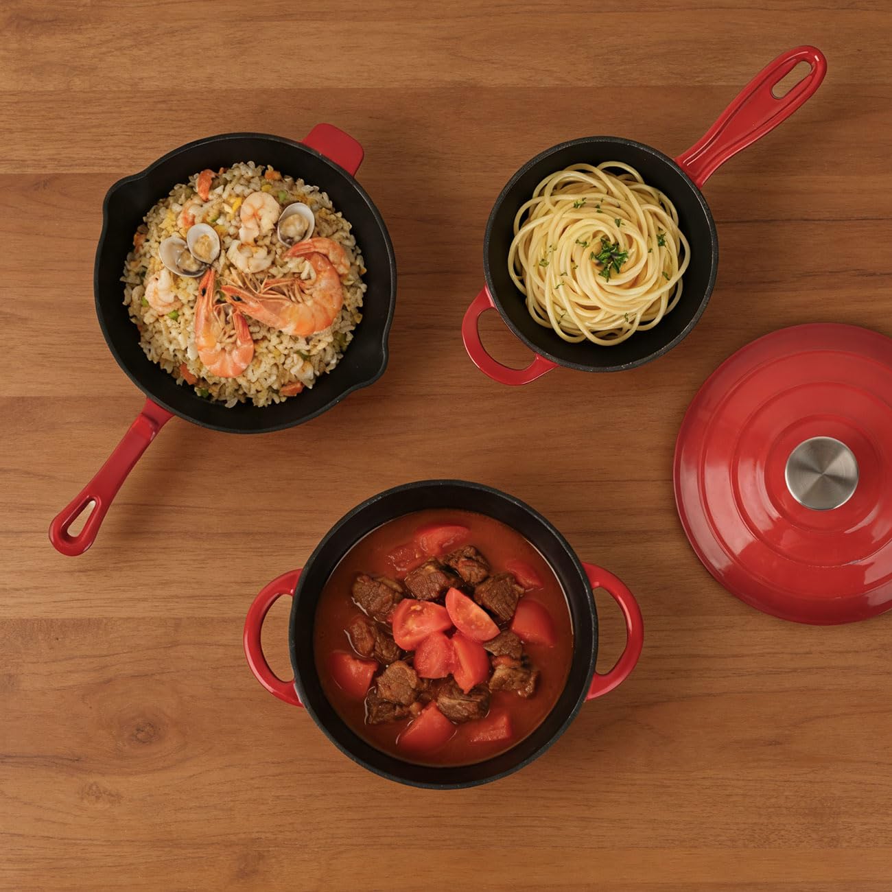 Gusseisen Topfset 3-teilig emailliert - Set aus Pfanne Kochtopf & Stielkasserolle - Für Induktion & Backofen - Profi Kochgeschirr Set - Langlebig & Robust - Alle Herdarten