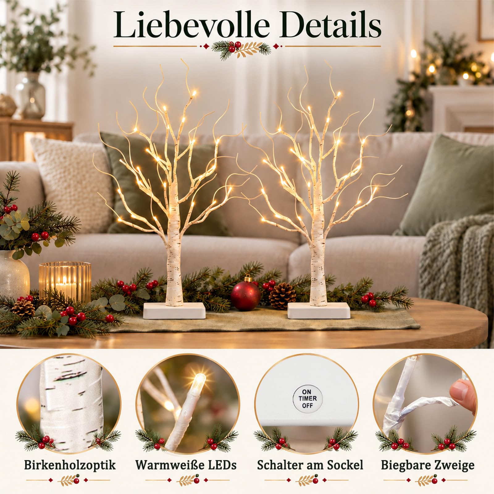 DELICHTER 4er Set Lichterbaum mit 24 Warmweißen LEDs Birken Bäumchen mit Timer-Funktion Dekozweige Batteriebetrieb Weihnachtsdeko für… – Ansicht 5