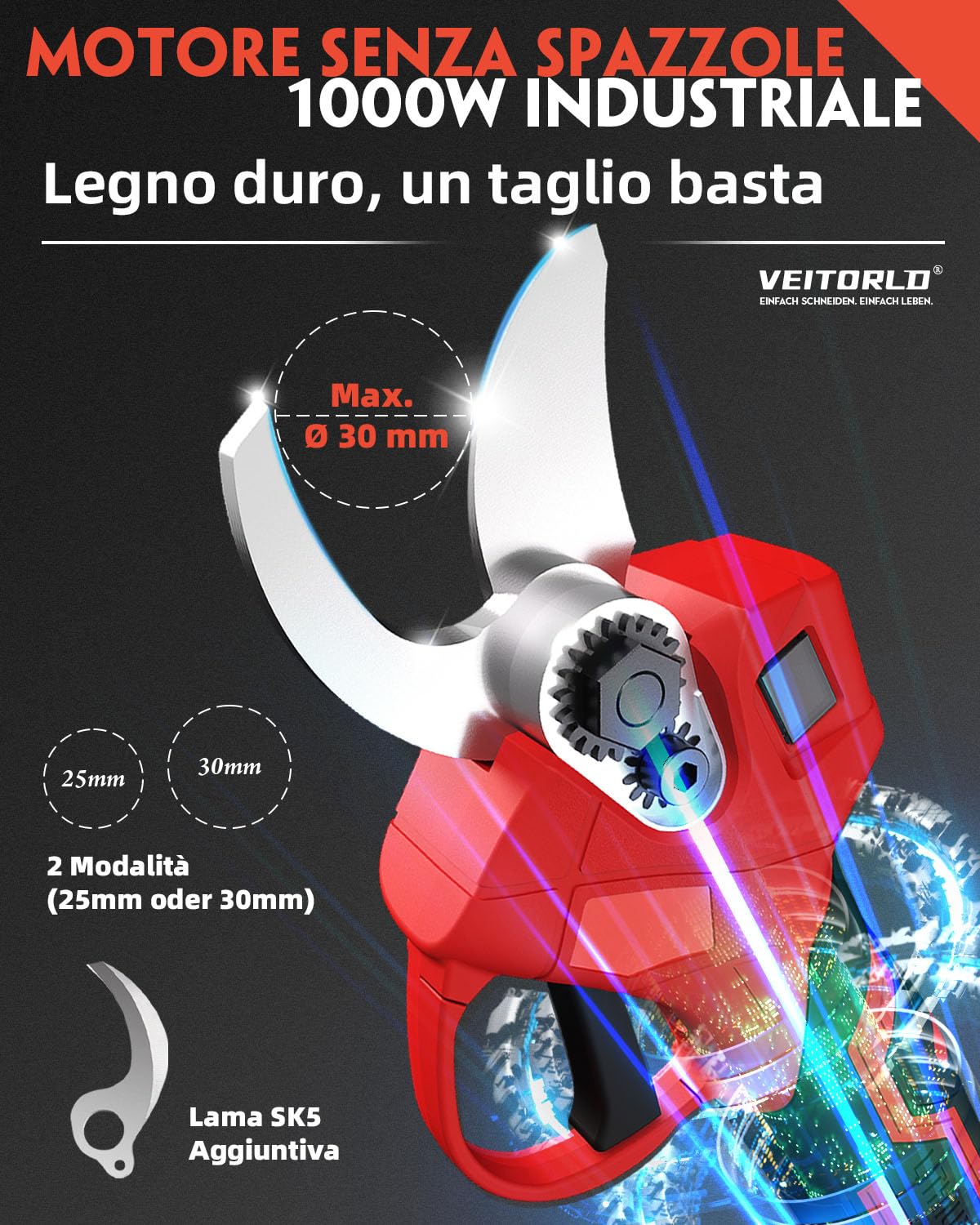 Veitorld Forbici da Potatura a Batteria, 30 mm, con 2 Batterie da 2000 mAh, Motore Senza Spazzole, Forbici da Giardino Senza Fili, con Contatore a LED, Protezione Rinforzata, Regalo per Uomini, Donne