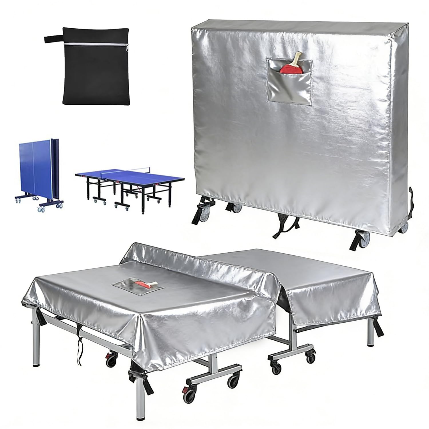 Funda para mesa de ping pong para exterior e interior Funda resistente 600D paras mesa de tenis des mesas impermeable con hebillas paras mesas plegables y planas,Plata,165x70x185cm