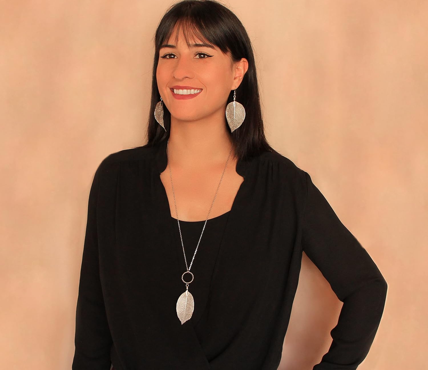 Gold Silver Rose Gold Leaf Jewelry for Women. Natural Leaf Earrings and Pendant Circle Necklaces. Elegant Drop Dangle Jewelry Sets. Valentines Day Gifts for Her - Image 2