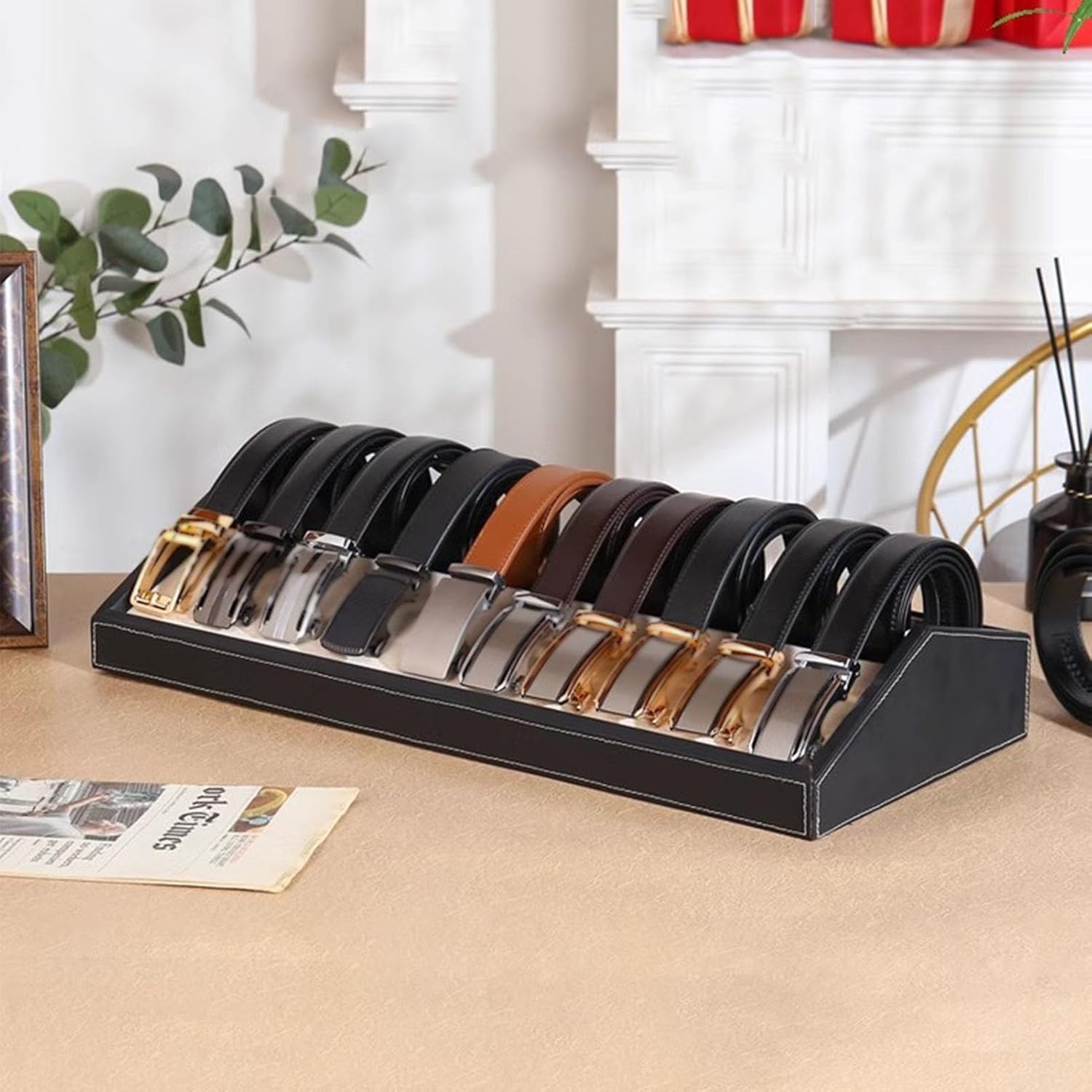 Belt Rack, Belt Organizer Box, Belt Storage Organizer Displayer, Multi-Grid Wooden Grain Belt Box for Closet Wall Men Women(10 grids-black-59x25x10cm)