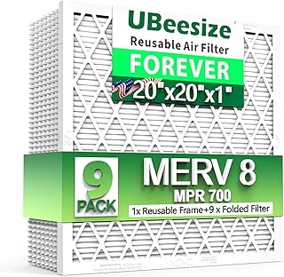 UBeesize Reusable Air Filter 20x20x1 (9-Pack), MERV 8 MPR 700 AC/HVAC Furnace Filters,Deep Pleated Air Cleaner, (Actual Size 19.5 x 19.5 x 0.8 Inches),1x Reusable ABS Frame+9 x Filter,Breathe Fresher