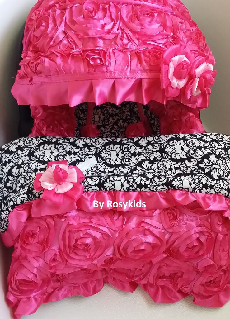 Rosy Kids Infant Carseat Canopy Cover 4pc Whole Caboodle, Baby Car Seat Cover Baby Blanket Outdoor Travelling Kit, 3D Rosette Fabric Hot Pink Damask Print