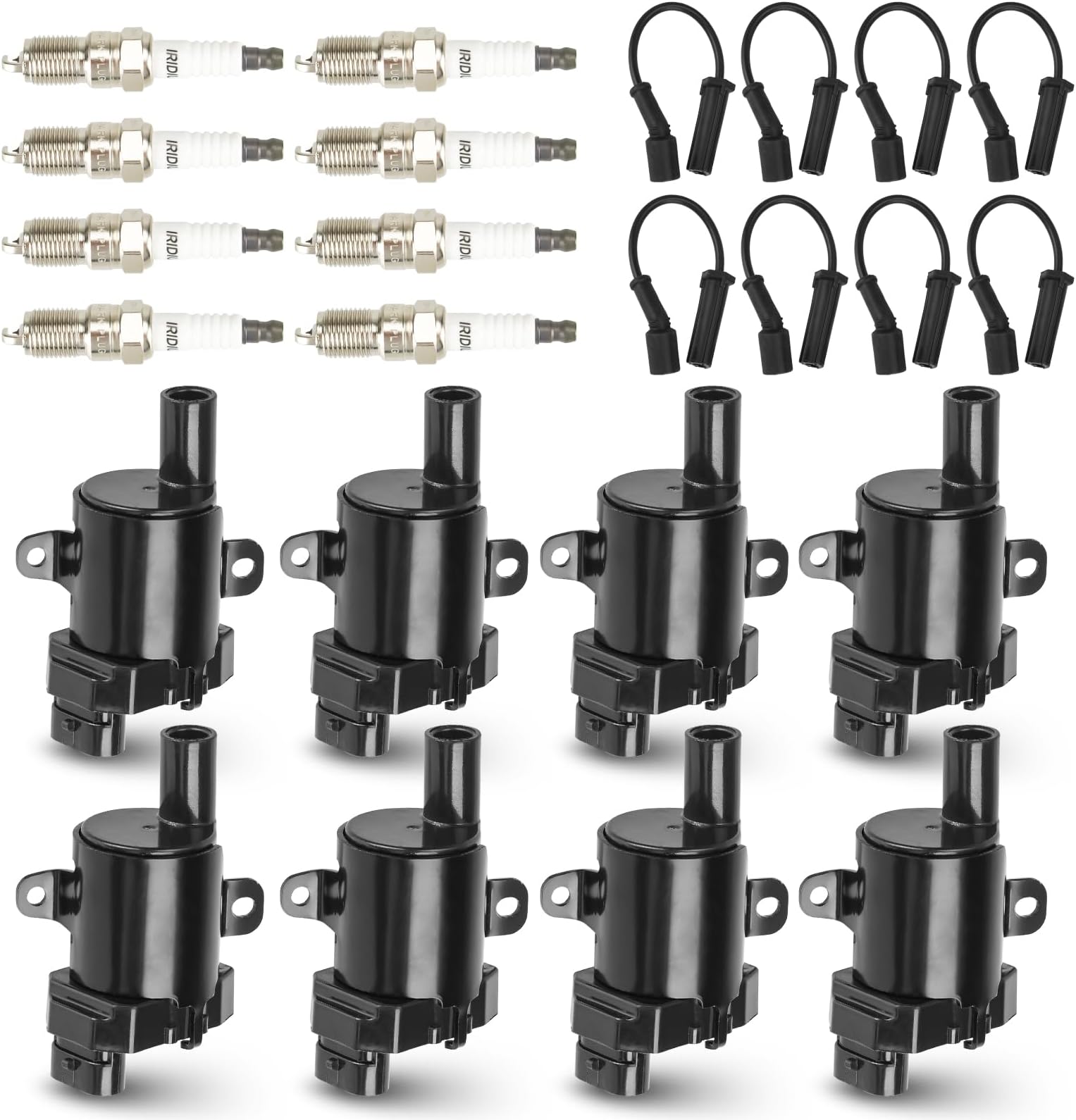 Hurotoms 8PCS Round Ignition Coil Pack with 8PCS Iridium Spark Plug and 8PCS Wires Compatible with Chevrolet Cadillac GMC Buick Hummer H2 Isuzu Ascender 4.8L 5.3L 6.0L, Replace for UF262, Black
