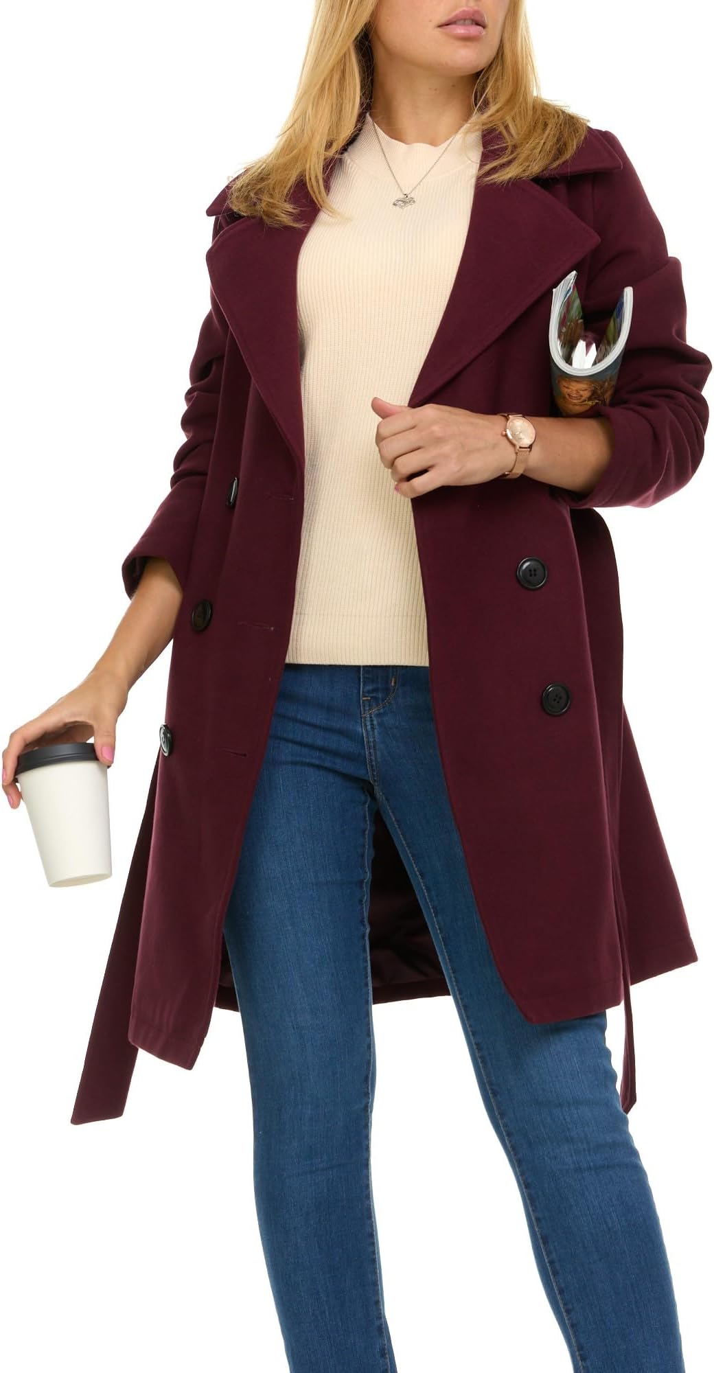 Steve Madden Trench Coat for Women – (XS-3X) Double-Breasted Long Winter Faux Wool Coat, Trendy Plus Size Trench Coat