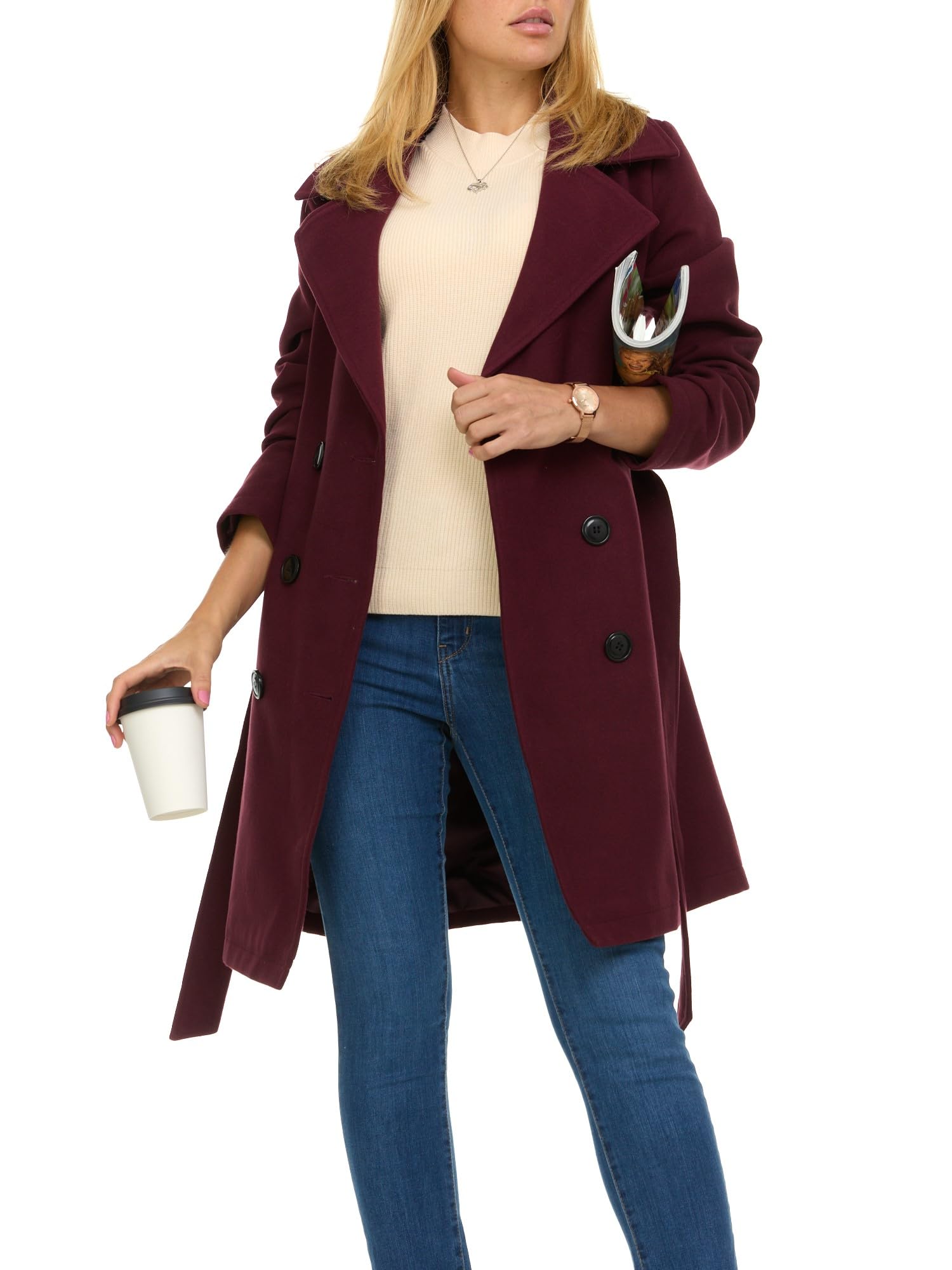 Steve Madden Trench Coat for Women – Double-Breasted Long Winter Faux Wool Coat