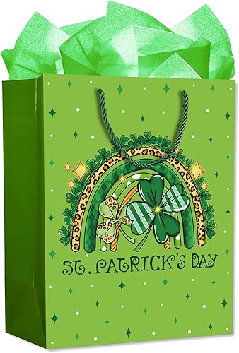 WaaHome Bolsa de regalo del día de San Patricio con asa, bolsas de regalo de trébol verde grande con papel de seda, bolsa de regalo de papel de