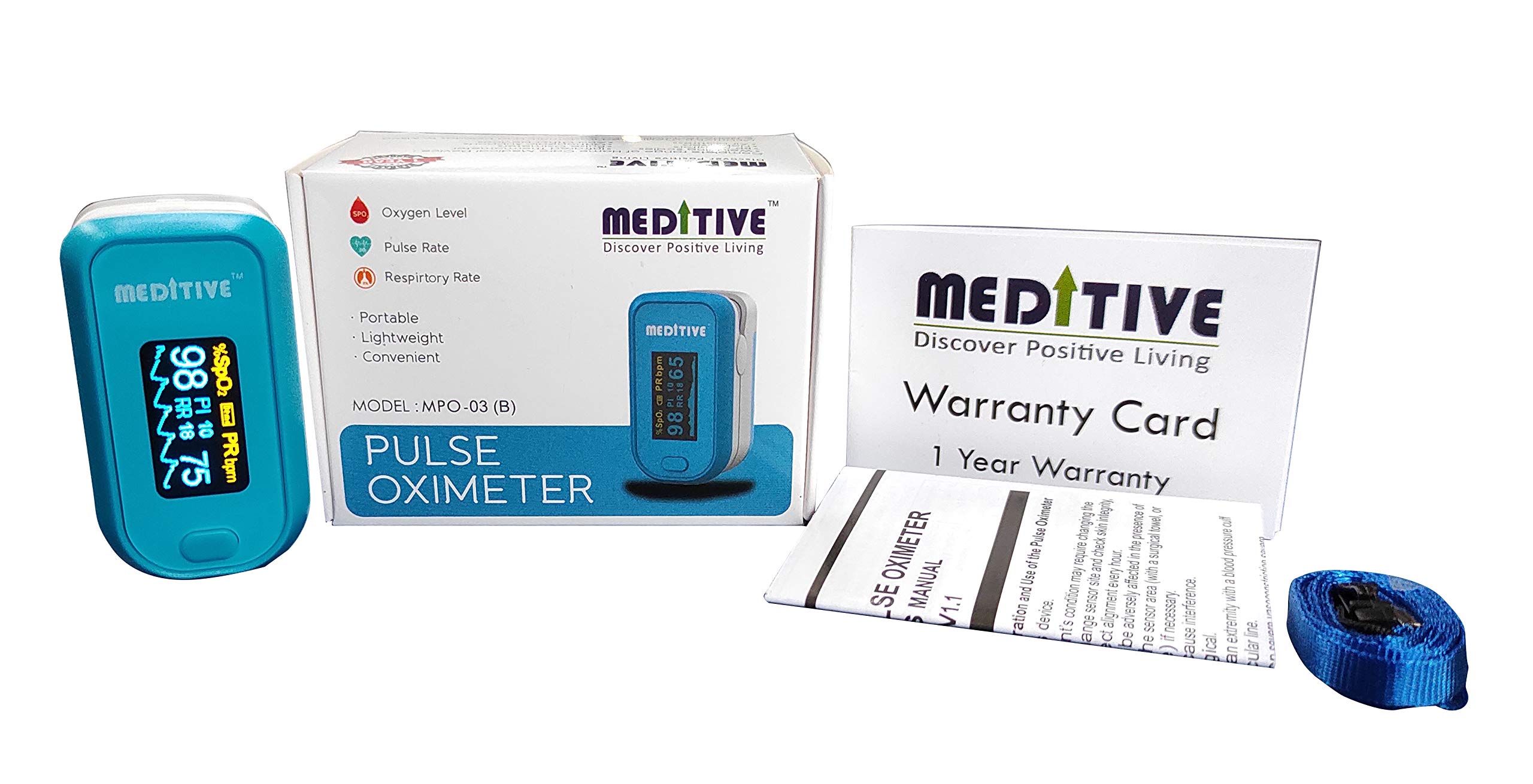 MEDITIVE Finger Tip Pulse Oximeter With Alarm Function. Blood Oxygen, Pulse Rate with Respiratory Rate (Blue) 1