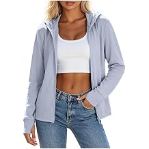 Women Hooded UV Protection Zip Up Jacket, Lightweight Casual Summer Outdoor Soft Wind Coat with Thumb Hole Pockets