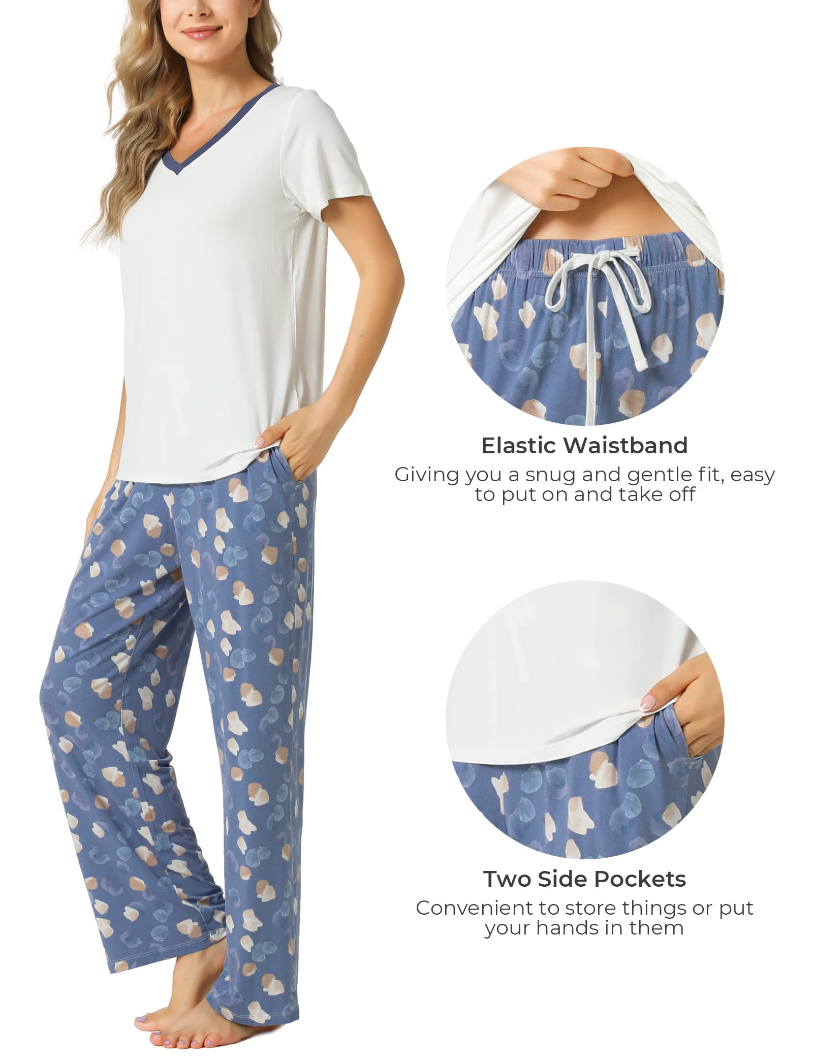 GYS Bambus-Pyjama-Set für Damen, superweich, 2-teilig, Nachtwäsche, kurzärmeliges Oberteil und Hose mit Taschen, Pyjama-Lounge-Sets