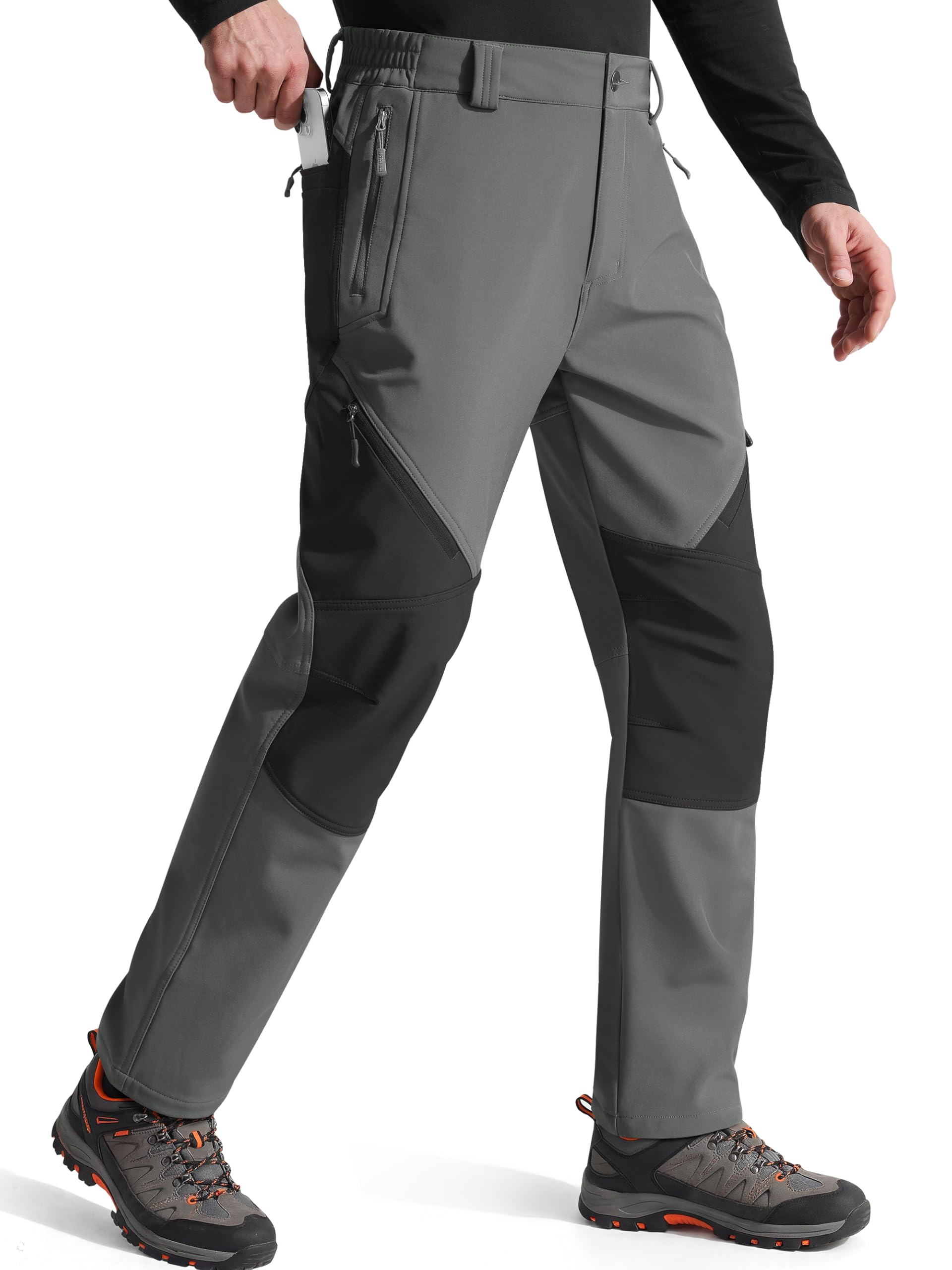 FREE SOLDIER Men's Fleece Lined Outdoor Cargo Hiking Pants Water Repellent Softshell Snow Ski Pants with Zipper Pockets