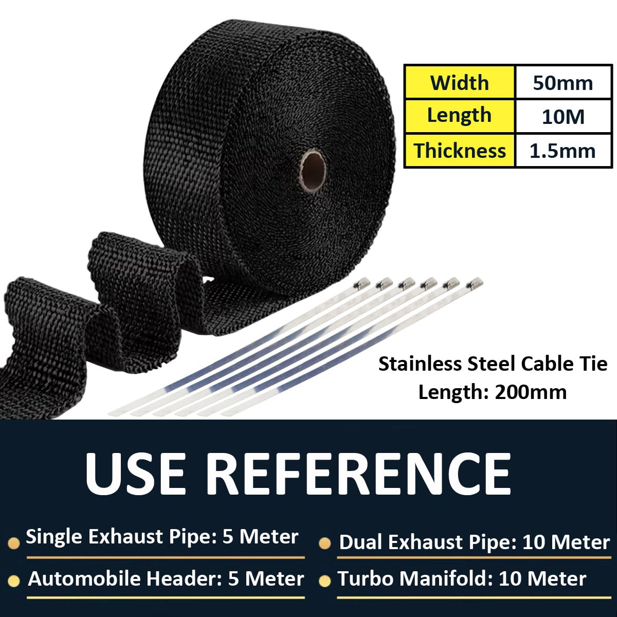 Bande Thermique Échappement Fibre de Verre Ruban Collecteur d'échappement de Moto Tuyeau Isolant Thermique Protection Voiture Isolante Noir 5CM X 10M avec 6 Attaches