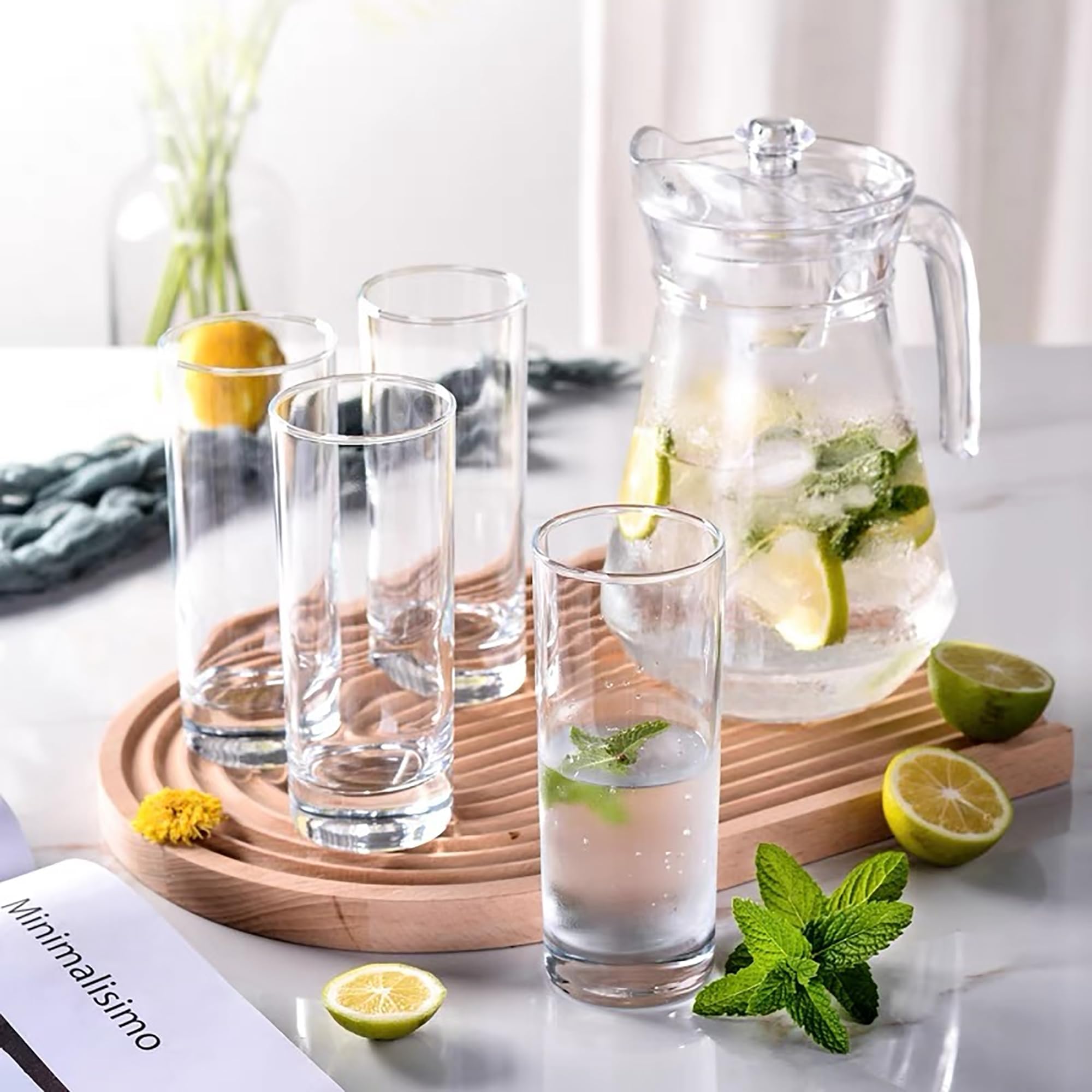 bellemax Italian Premium Water and Juice Glasses Set of 6 and Jug Set Combo,(6 Pieces Glasses 350ML and 1 Water Juice Jug 1.6 Liter), Transparent, Glass and Jug Set (Round)