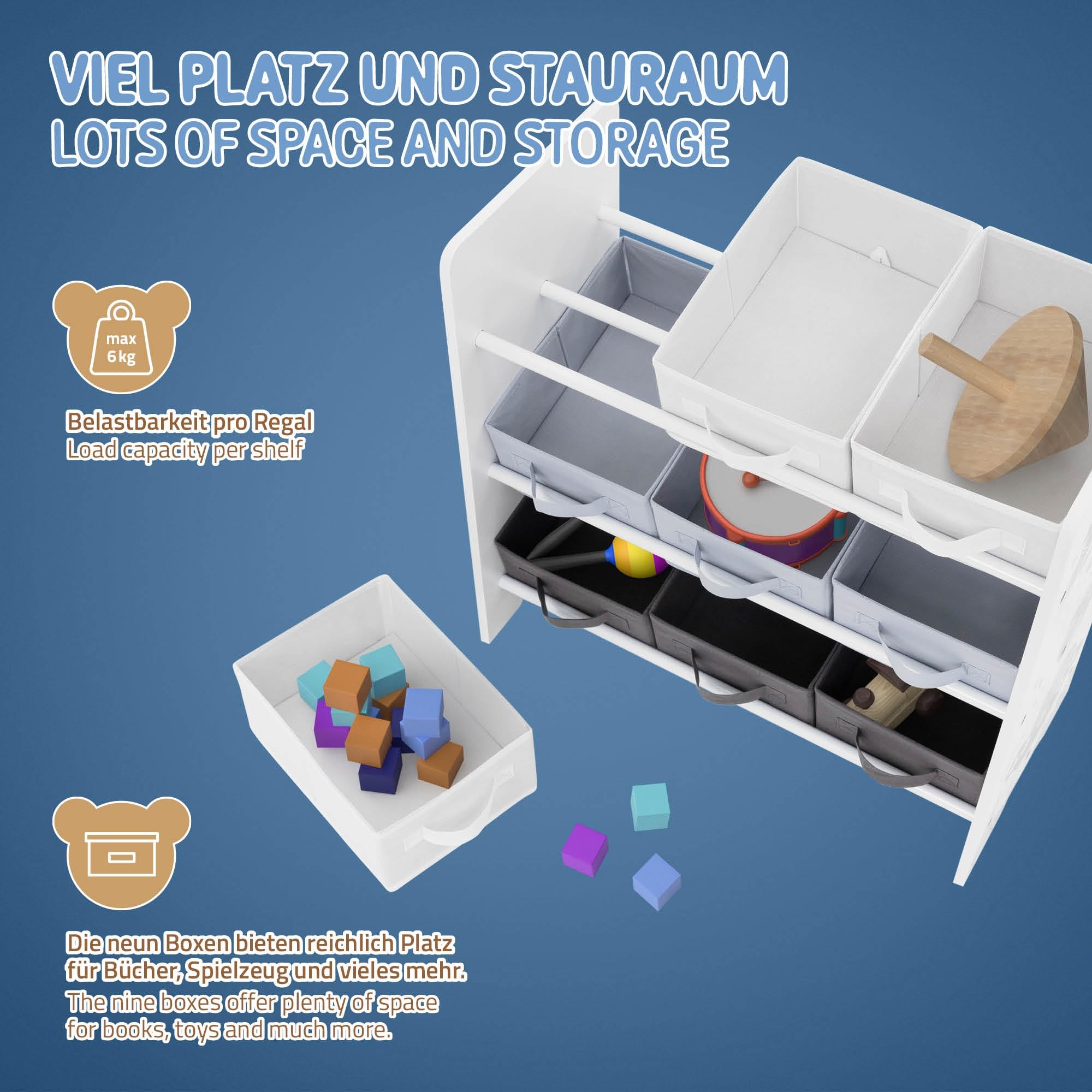 Joyz Libreria per Bambini 62,5 x 29,5 x 60 cm Scaffale con 3 Ripiani Organizzatore per Giocatoli con 9 Scatole in Tessuto Mobiletto per la Stanzina dei Bambini Design con Tematica Spaziale