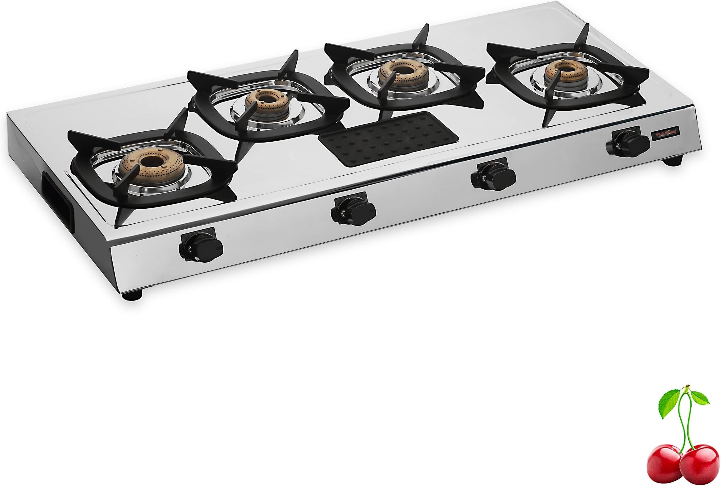 Gas Stove 4 Burners Steel Body | ISI Certified 4 Burner Stoves | Home & Kitchen Gas Chulha LPG & PNG Compatible | Manual Ignition Cooktops Stainless Steel Brass Burner | Quardo' Silicon