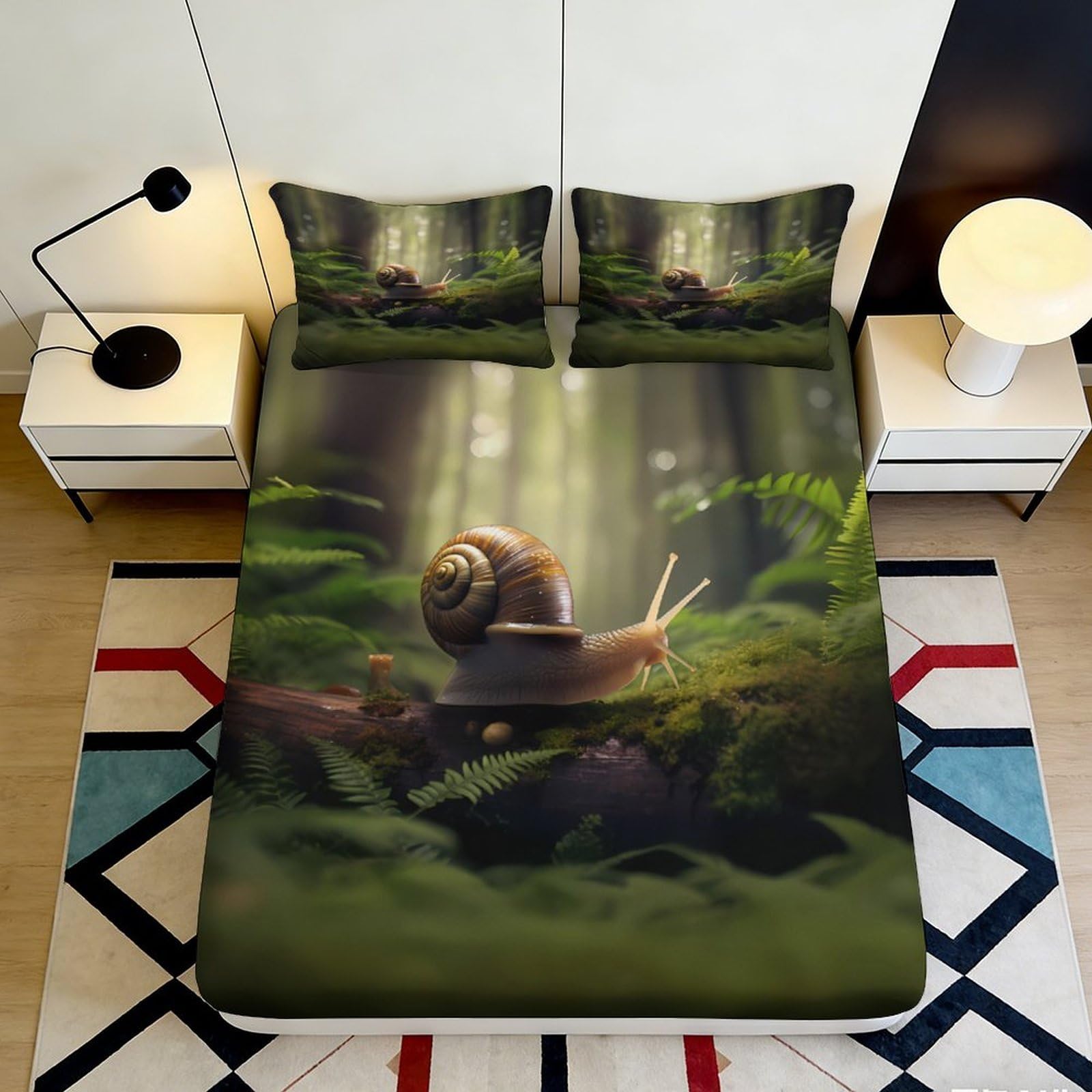 3D Printed Forest Snail Fitted Sheet Microfiber Soft Green Moss Mattress Cover for Bedroom Dorm Mattress Protection Decor 90x200x25cm
