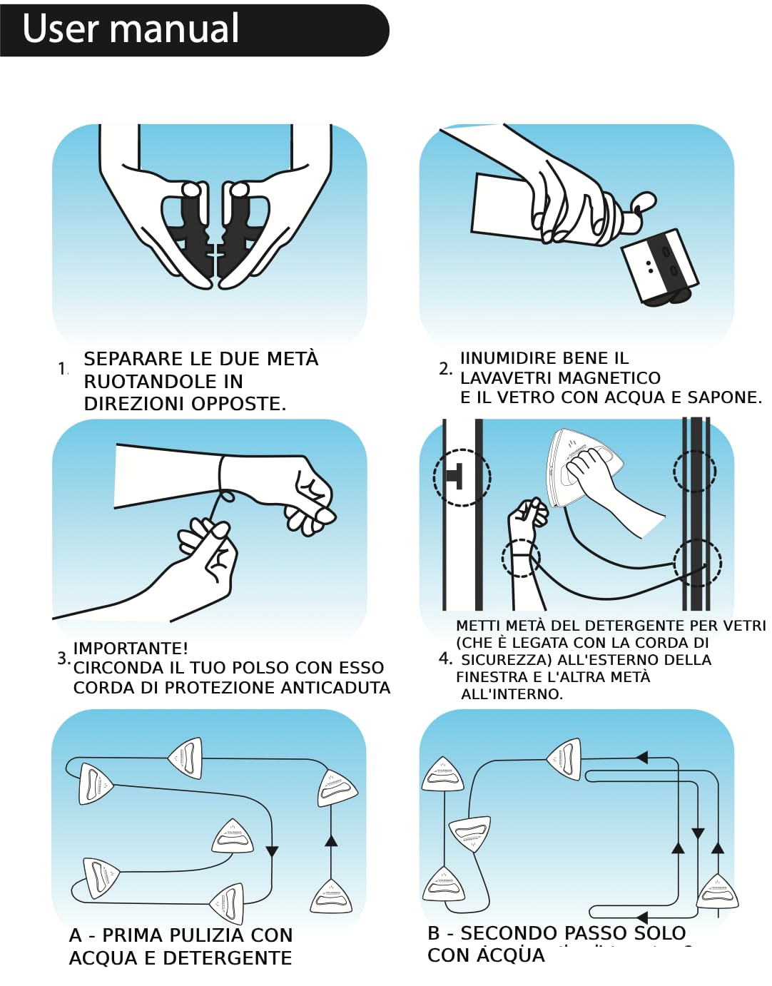 Pulitore Magnetico per Vetri Doppia Faccia 2-10mm – Lavavetri Magnetico per Finestre e Vetrate, Pulizia Vetri Esterni Senza Uscire, Spugna Assorbente, Raschietto in Gomma, Corda di Sicurezza.