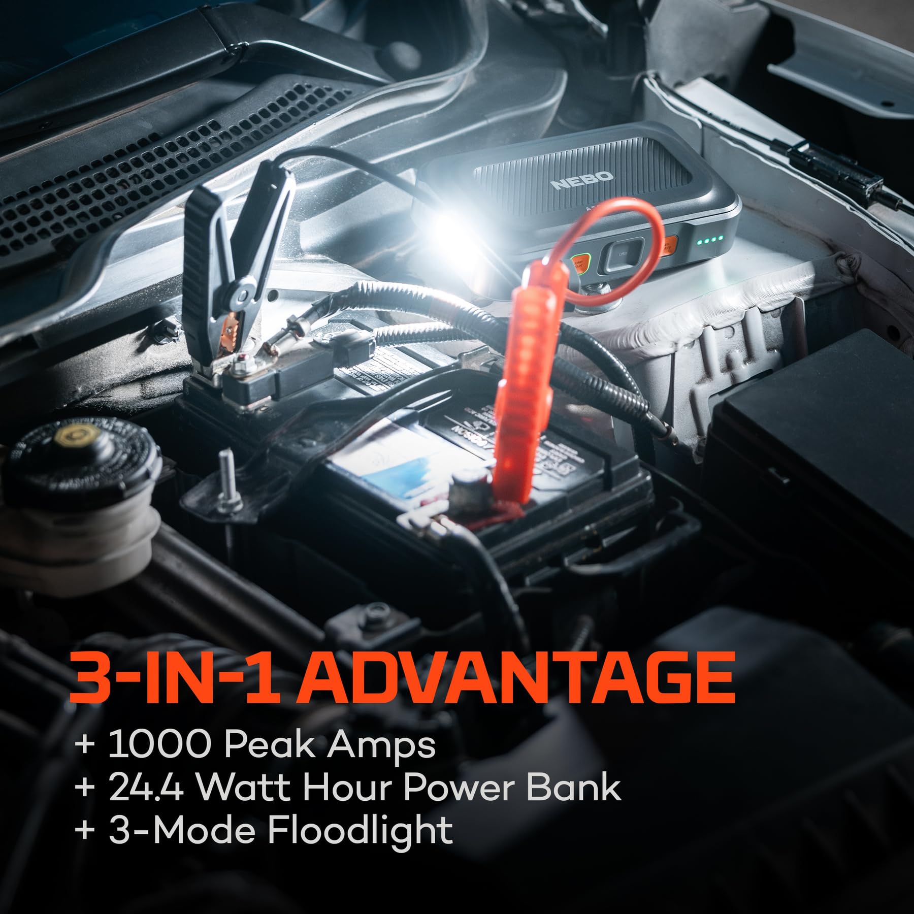 NEBO ASSIST 1000XP Arrancador 3 en 1 – Amplificador de batería portátil de coche de 1000 amperios, banco de energía USB y reflector de emergencia, recargable por USB‑C, IP65