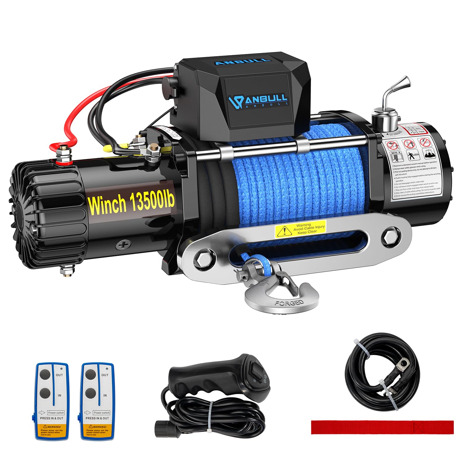 Anbull Elektrische Seilwinde 12V 13500 LBS/6 T Synthetikseil 26m IP67 6 PS | 2x Funkfernbedienung 1x Kabelfernbedienung, Motorwinde, Kompatibel mit Jeeps SUV, LKW, Bootstrailer, Pickup