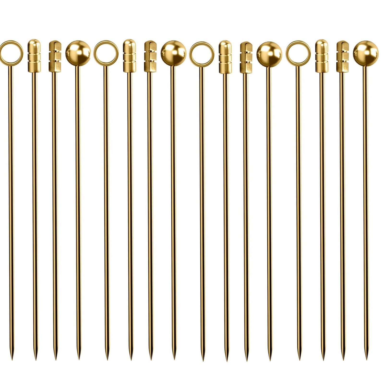16Pcs Gold Cocktail Picks Reusable Cocktail Toothpicks Stainless Steel Cocktail Skewers Metal Cocktail Picks Stick Fruit Garnish Sticks Martini Olive Picks for Bar Barbecue Fruit Bloody Mary Drink