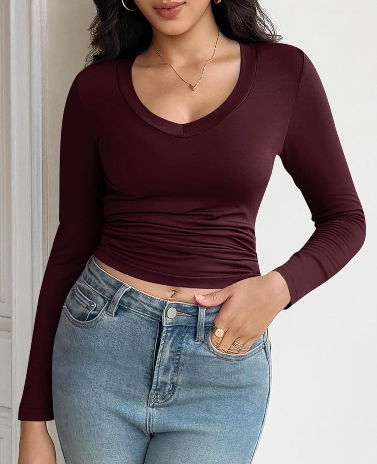 Womens Summer Sexy Short Sleeve Tshirt Tops Deep V Neck Shirts Casual Slim Fit Basic T-Shirt Tee - Image 3