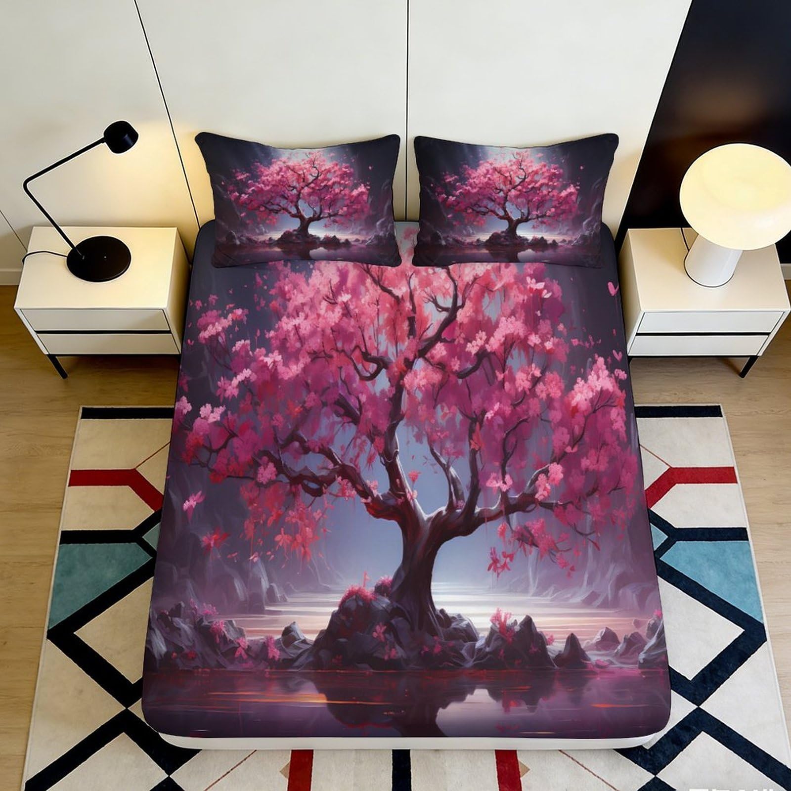 3D Printed Sakura Blossom Fitted Sheet Microfiber Pink Tree Mattress Cover for Bedroom Youth Dorm Decor 113 140x200x25cm