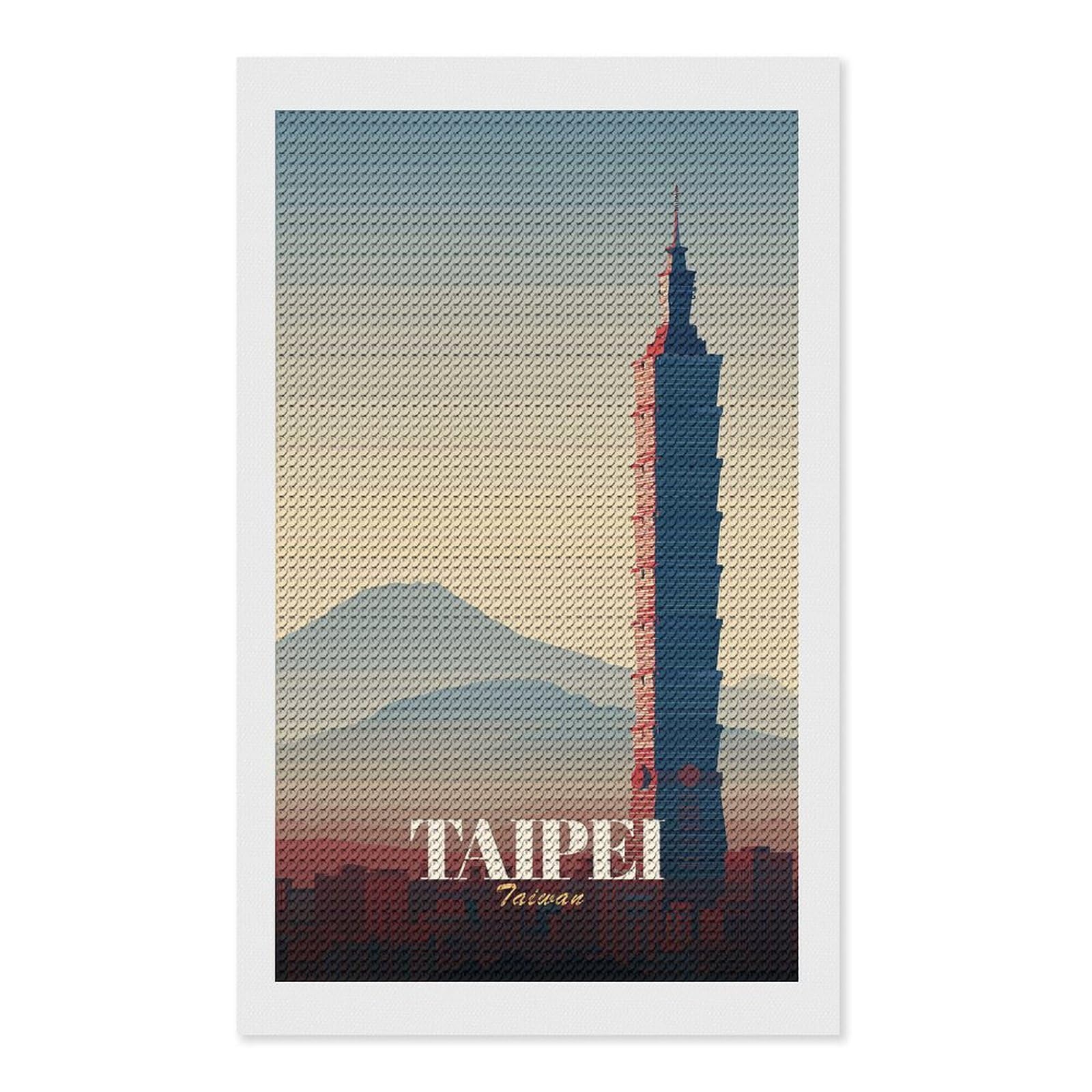 Junmoney Taipei 101, Taiwan Skyline Illustration Diamond Art Canvas 12"x20", for Family Craft Time, Creative Leisure Activity, Living Room Decor, Festive Craft Gift