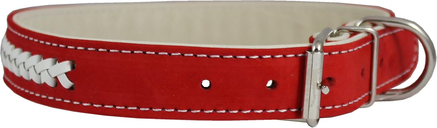 Nubuck Leather Braided Dog Collar, Red 23"x1" Wide. Fits 17"-21" Neck Size, Padded