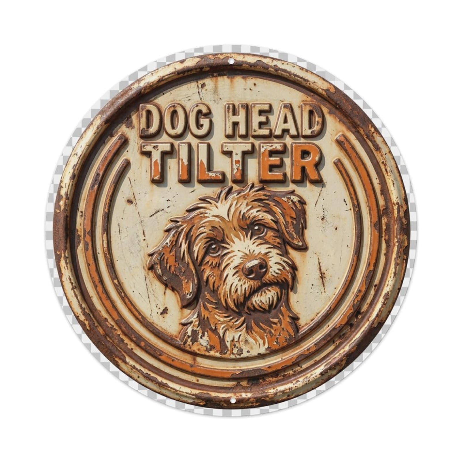 Dog Head Tilter Woof Metal Tin Sign Plaque Wall Decor for Cafe, Club Bar, Office, Home Garden Round Metal Poster 8x8Inch