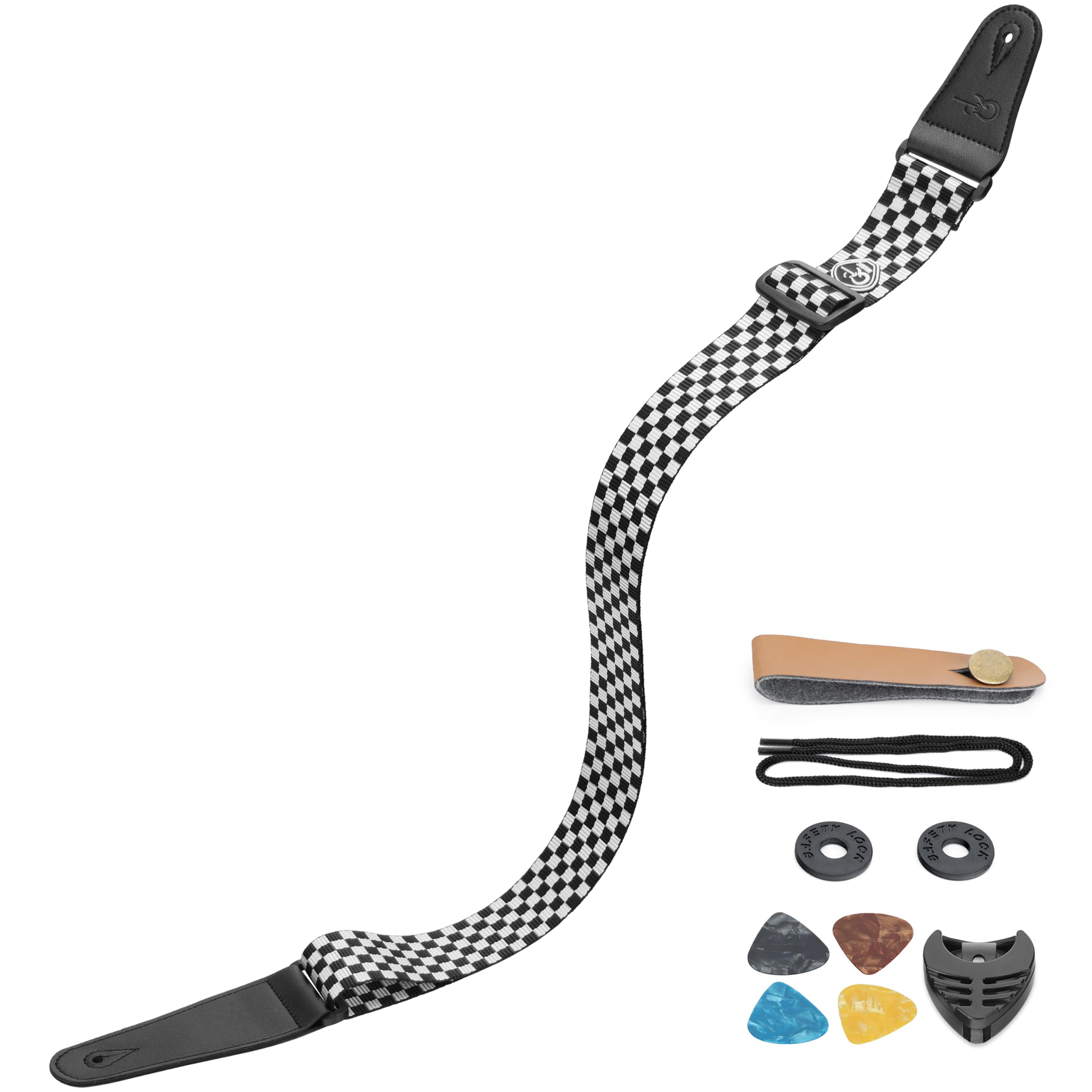 SUNYA Nylon Guitar Strap, Checkerboard, 5cm Wide with Full Grain Leather Ends, Includes Rubber Strap Locks and Picks, Adjustable 88-145cm for Acoustic, Electric, and Bass Guitars