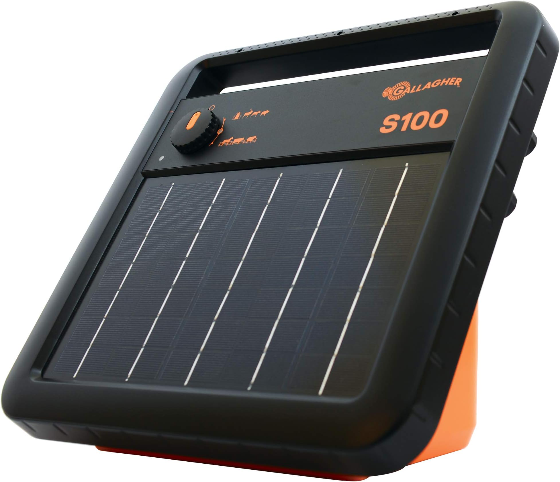 Gallagher S100 Solar Electric Fence Charger | Powers Up to 30 Mile / 100 Acres of Fence | Low Impedance, 1.0 Stored Joule Energizer | Battery Saving Technology | Solar Battery & Leadsets Included