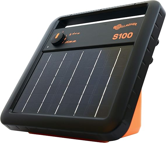 Gallagher S100 Solar Electric Fence Charger | Powers Up to 30 Mile / 100 Acres of Fence | Low Impedance, 1.0 Stored Joule Energizer | Battery Saving Technology | Solar Battery & Leadsets Included