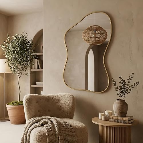 48"x30" Gold Asymmetric Mirror, Irregular Bathroom Mirror, Abstract Wall Mirror, Irregular Mirror for Living Room, Bedroom, Entrance, Hallway