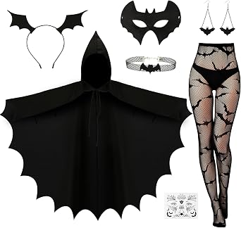 7 Pcs Halloween Bat Costume Set, Bat Wings Cloak Robe Hooded Cape Accessory Mask Ears Headband Earrings Necklace Stockings for Women Masquerade Dragon Vampire Witch Costume Cosplay