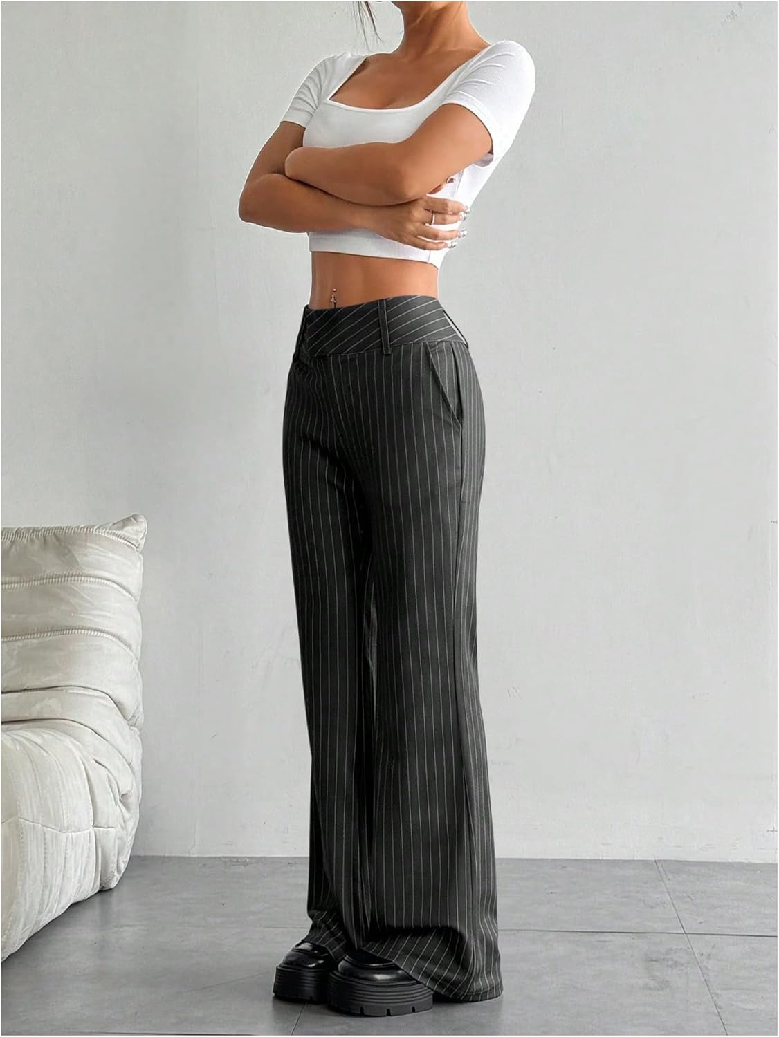 MakeMeChic Women's Pinstripe Pants Straight Leg Work Office Striped Long Trousers - Image 5