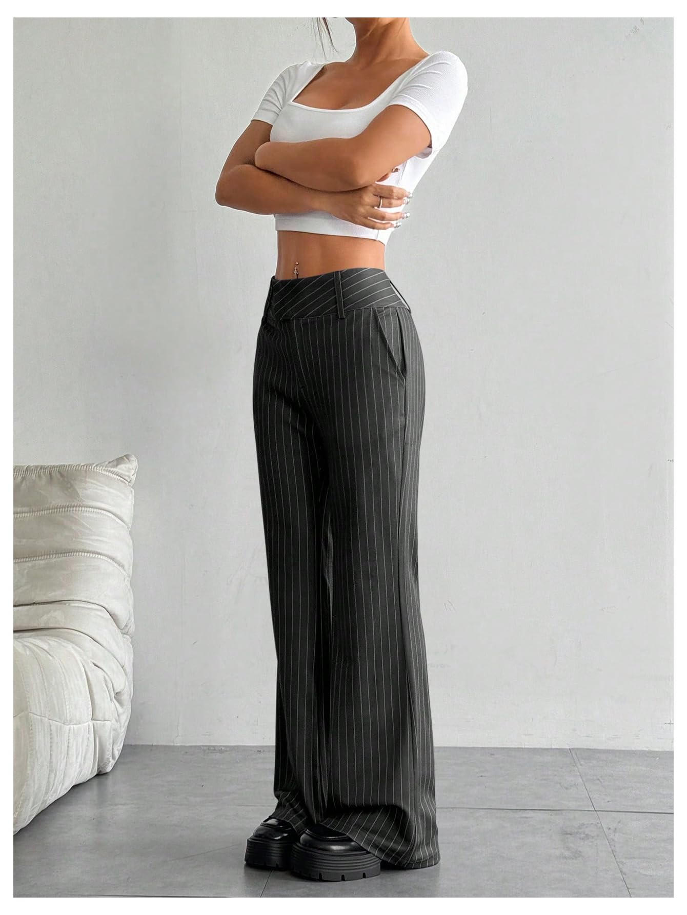 Floerns Pantalones de vestir de cintura alta con estampado a rayas para mujer, pantalones de traje de trabajo de pierna recta