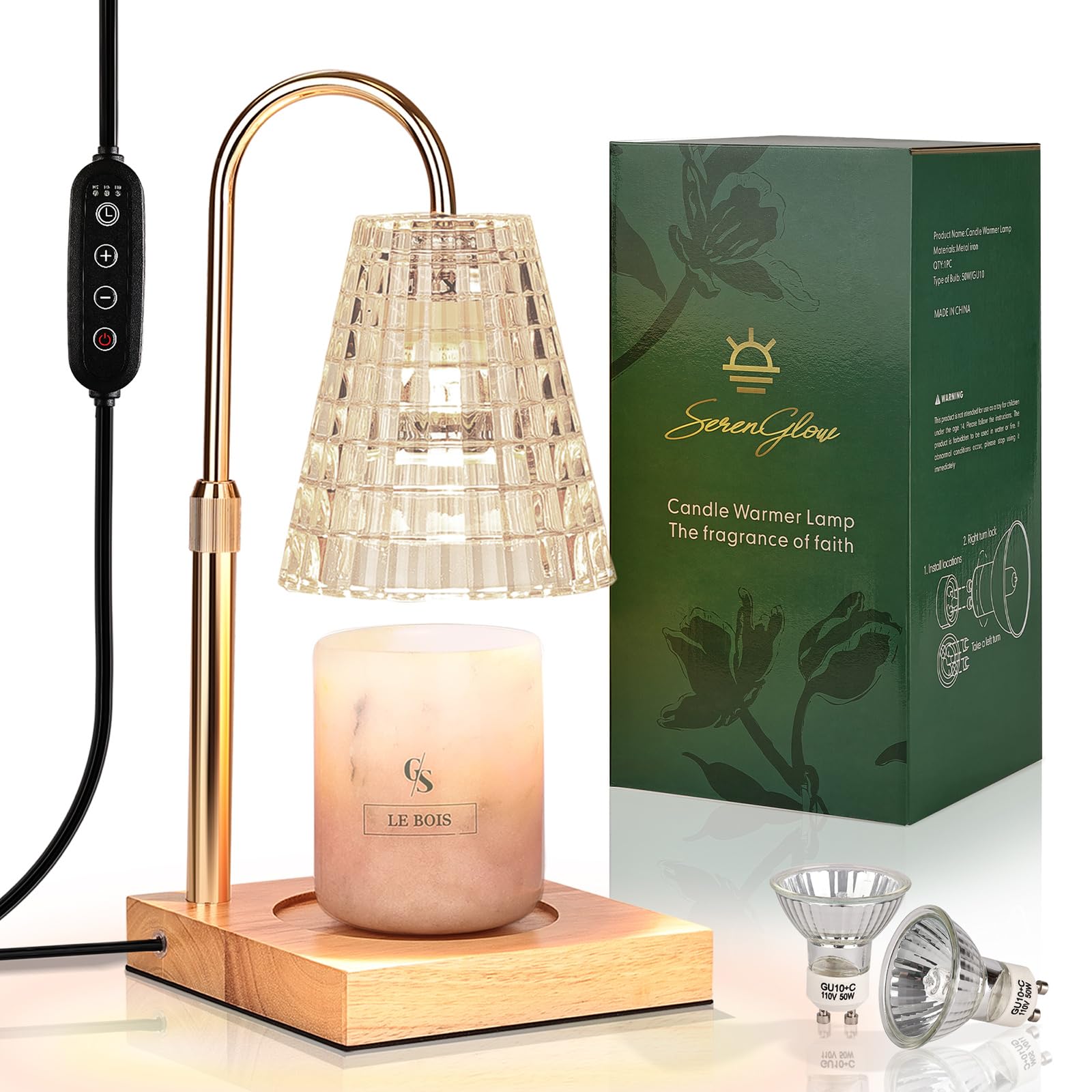 SerenGlow Candle Warmer Lamp with 2 * 50W Bulbs, Vintage Electric Candle Lamp with 2H/4H/8H Timer, Dimmable Candle Warming Lamp, Height Adjustable Wax Warmer Lamp for Jar Candles (Gold)